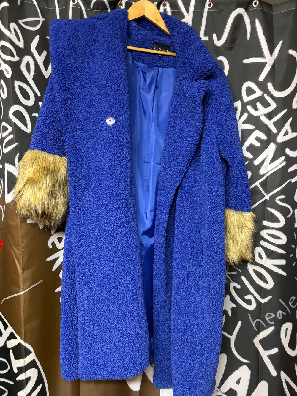 Eloquii Royal Blue Teddy Coat with Faux Fur Cuffs